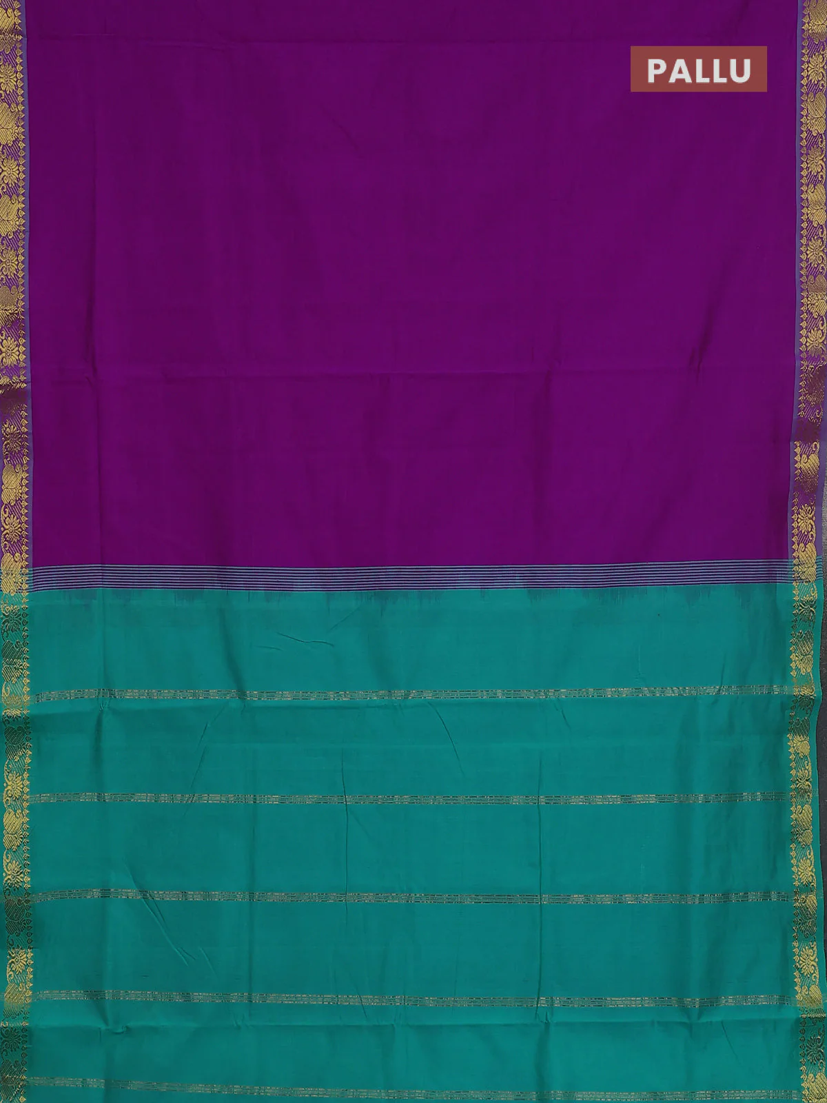 10 Yards poly cotton saree purple and teal green with plain body and paisley zari woven border - Image 3