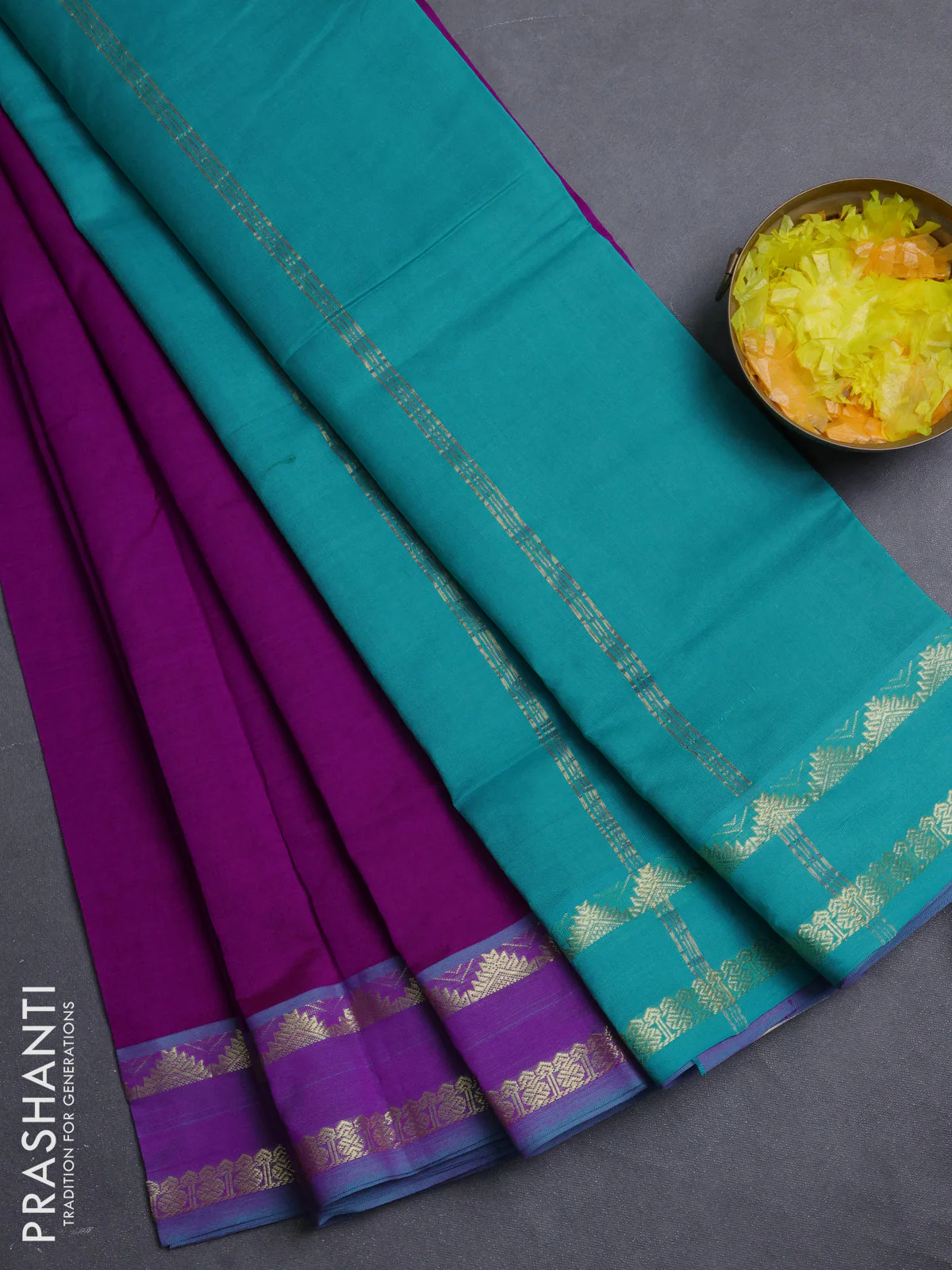 10 Yards poly cotton saree purple and teal green with plain body and rettapet temple zari woven border