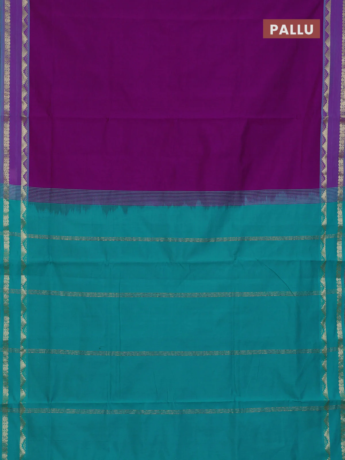 10 Yards poly cotton saree purple and teal green with plain body and rettapet temple zari woven border - Image 3