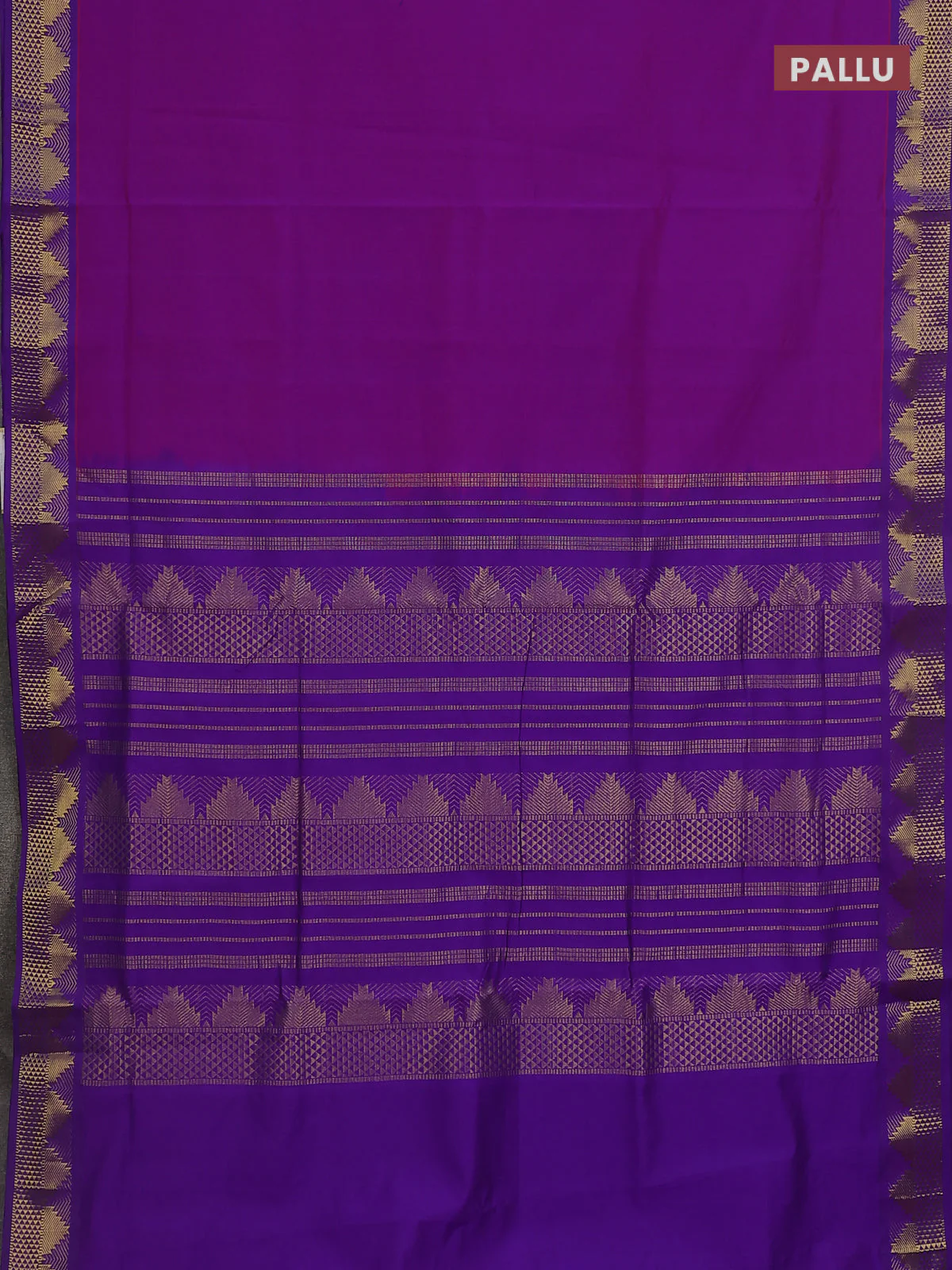 10 Yards poly cotton saree purple and violet with plain body and temple zari woven border - Image 3