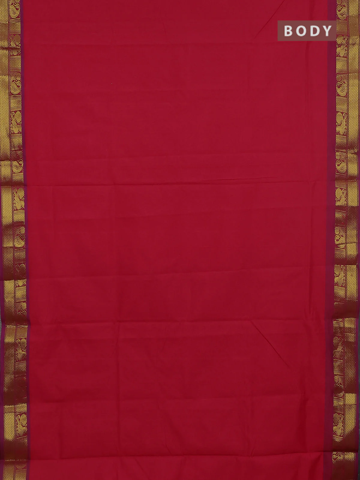 10 Yards poly cotton saree red and violet with plain body and annam & paisley zari woven border - Image 2