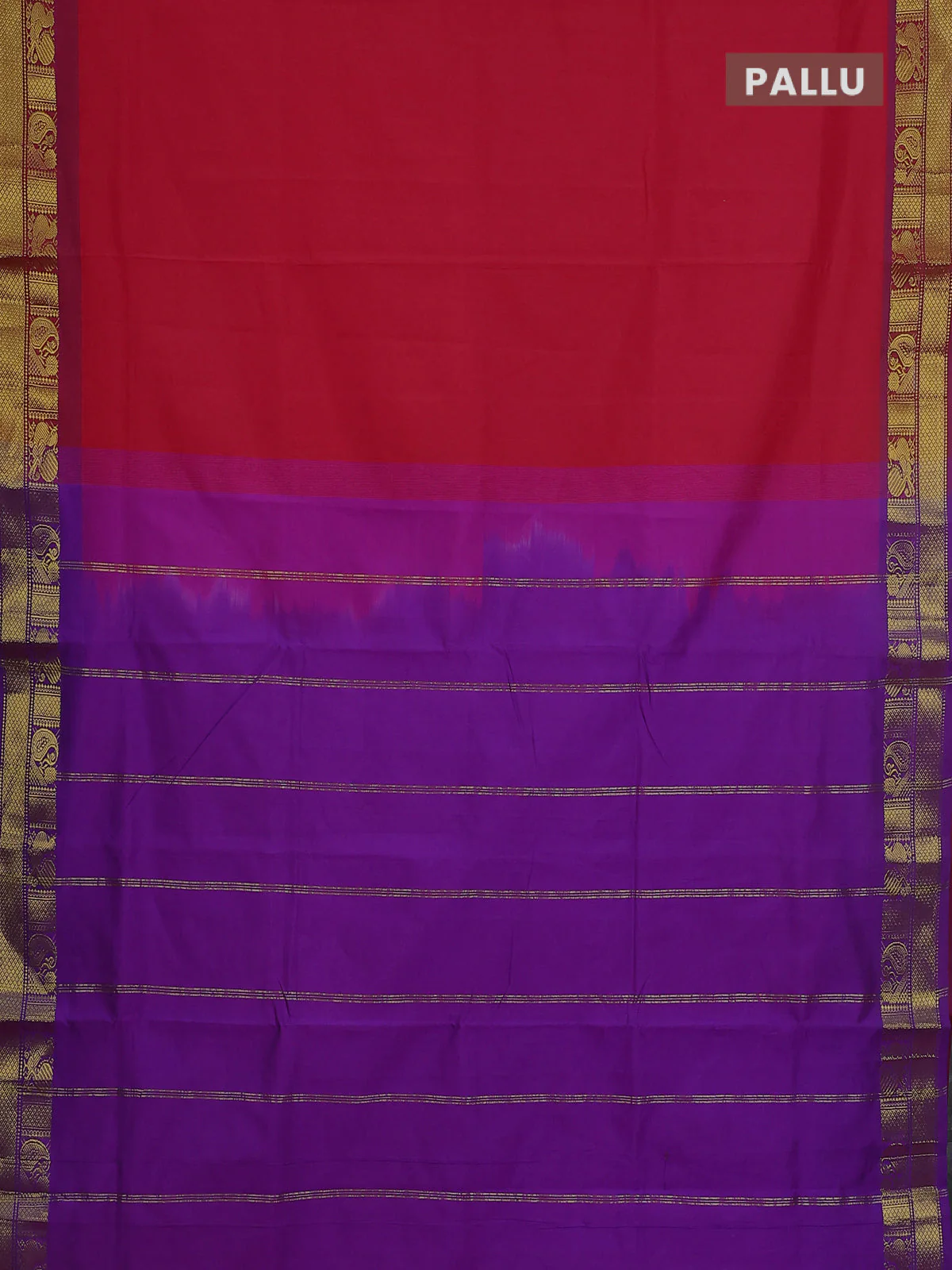 10 Yards poly cotton saree red and violet with plain body and annam & paisley zari woven border - Image 3