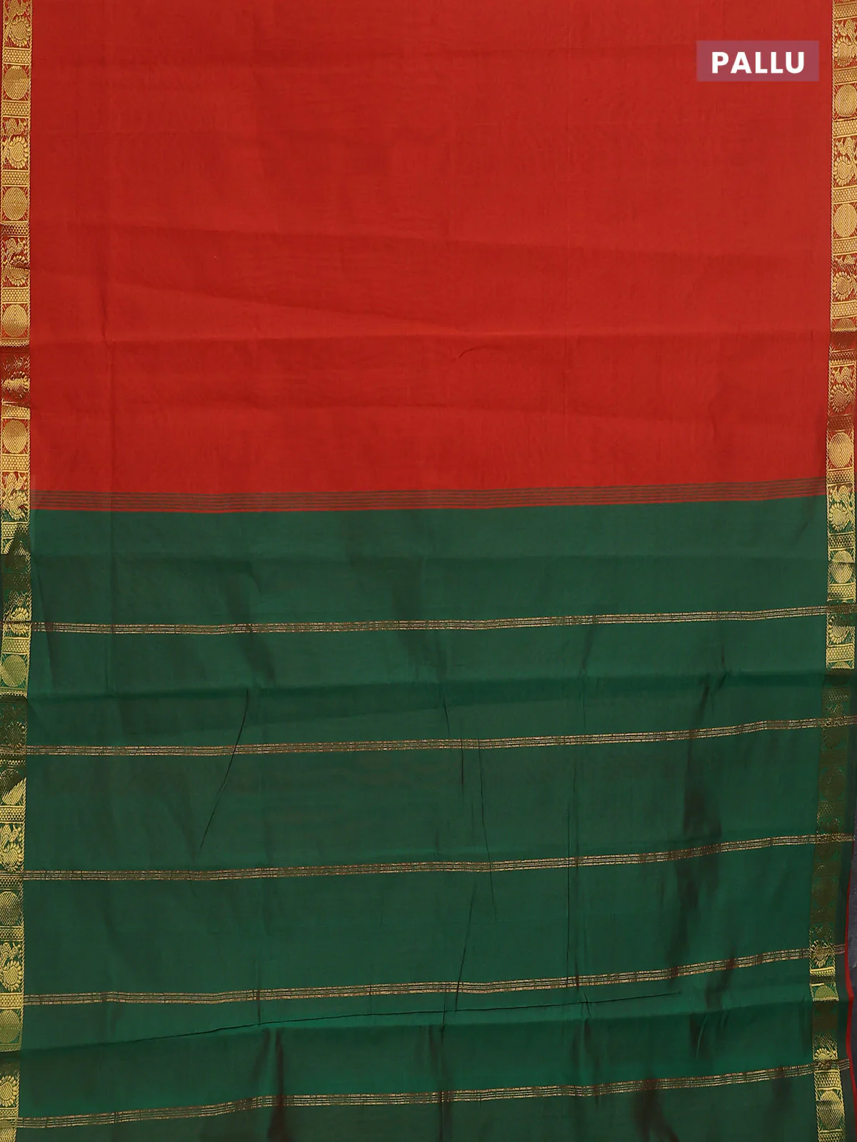 10 Yards poly cotton saree rustic orange and green with plain body and annam zari woven border - Image 3