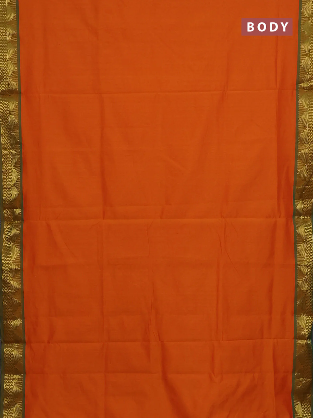 10 Yards poly cotton saree sunset orange and green with plain body and temple zari woven border - Image 2