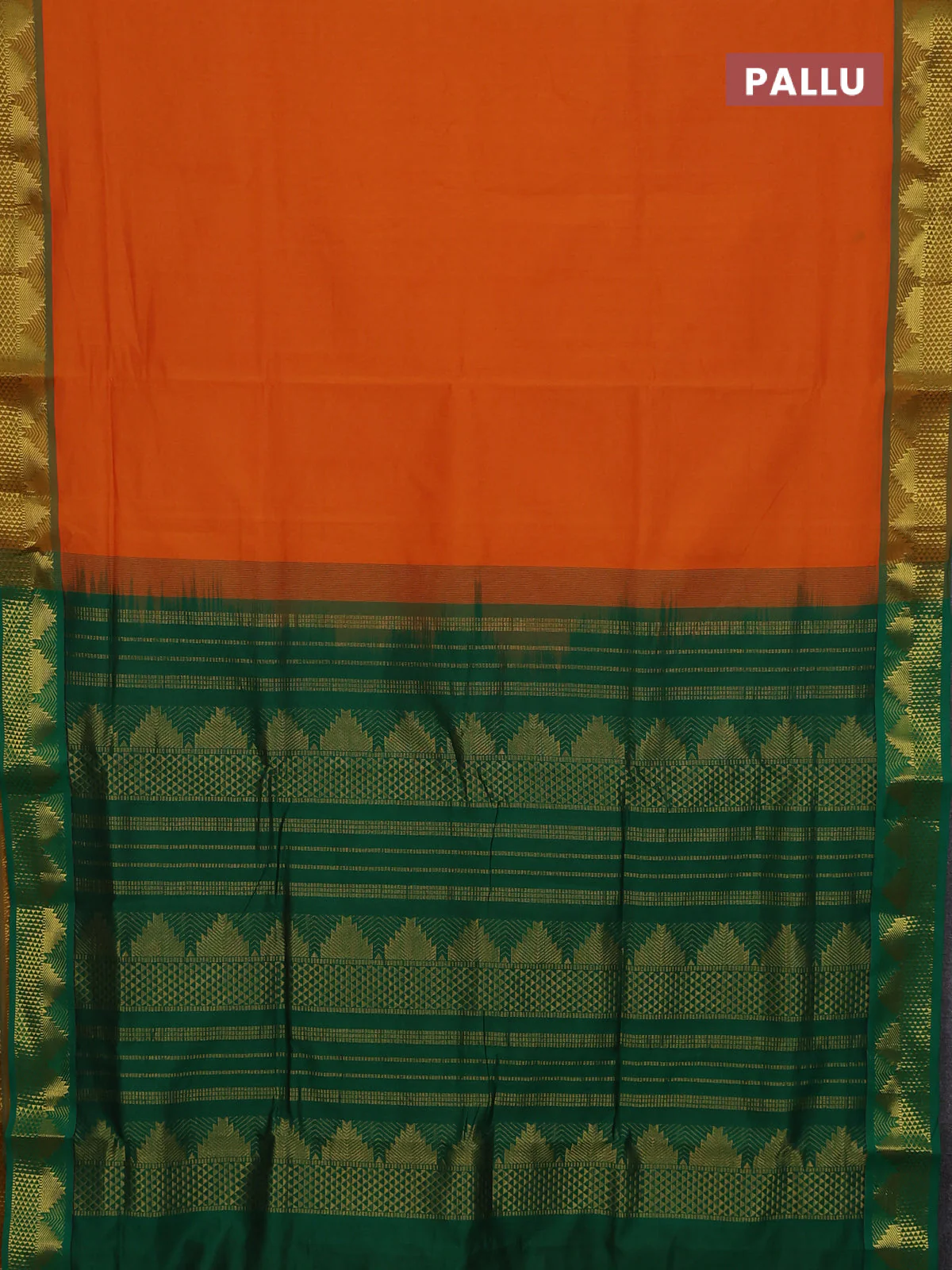 10 Yards poly cotton saree sunset orange and green with plain body and temple zari woven border - Image 3