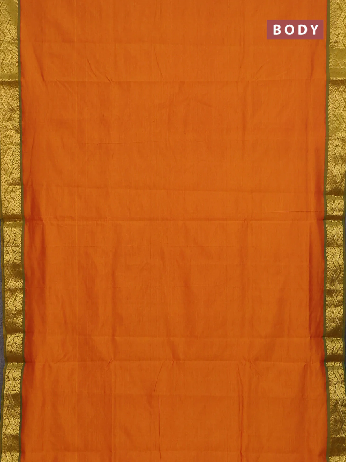 10 Yards poly cotton saree sunset orange and green with plain body and zari woven border - Image 2