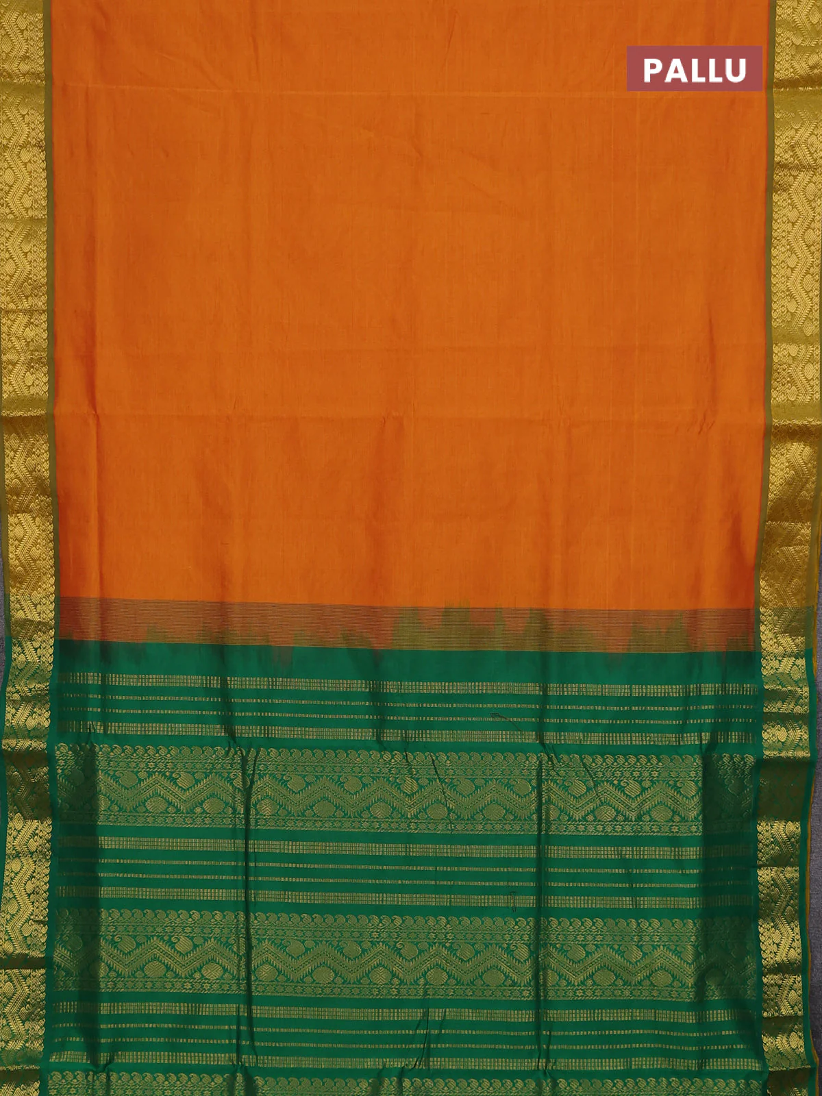 10 Yards poly cotton saree sunset orange and green with plain body and zari woven border - Image 3