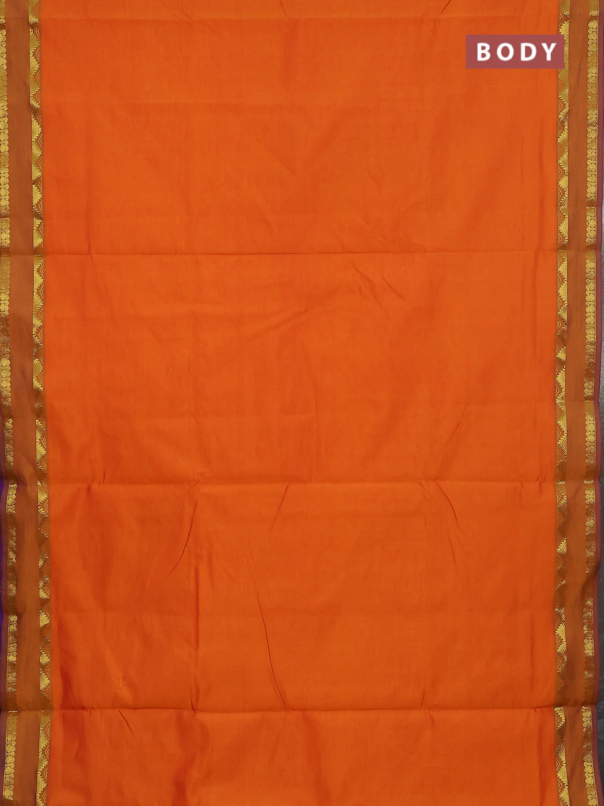 10 Yards poly cotton saree sunset orange and violet with plain body and rettapet zari woven border - Image 2