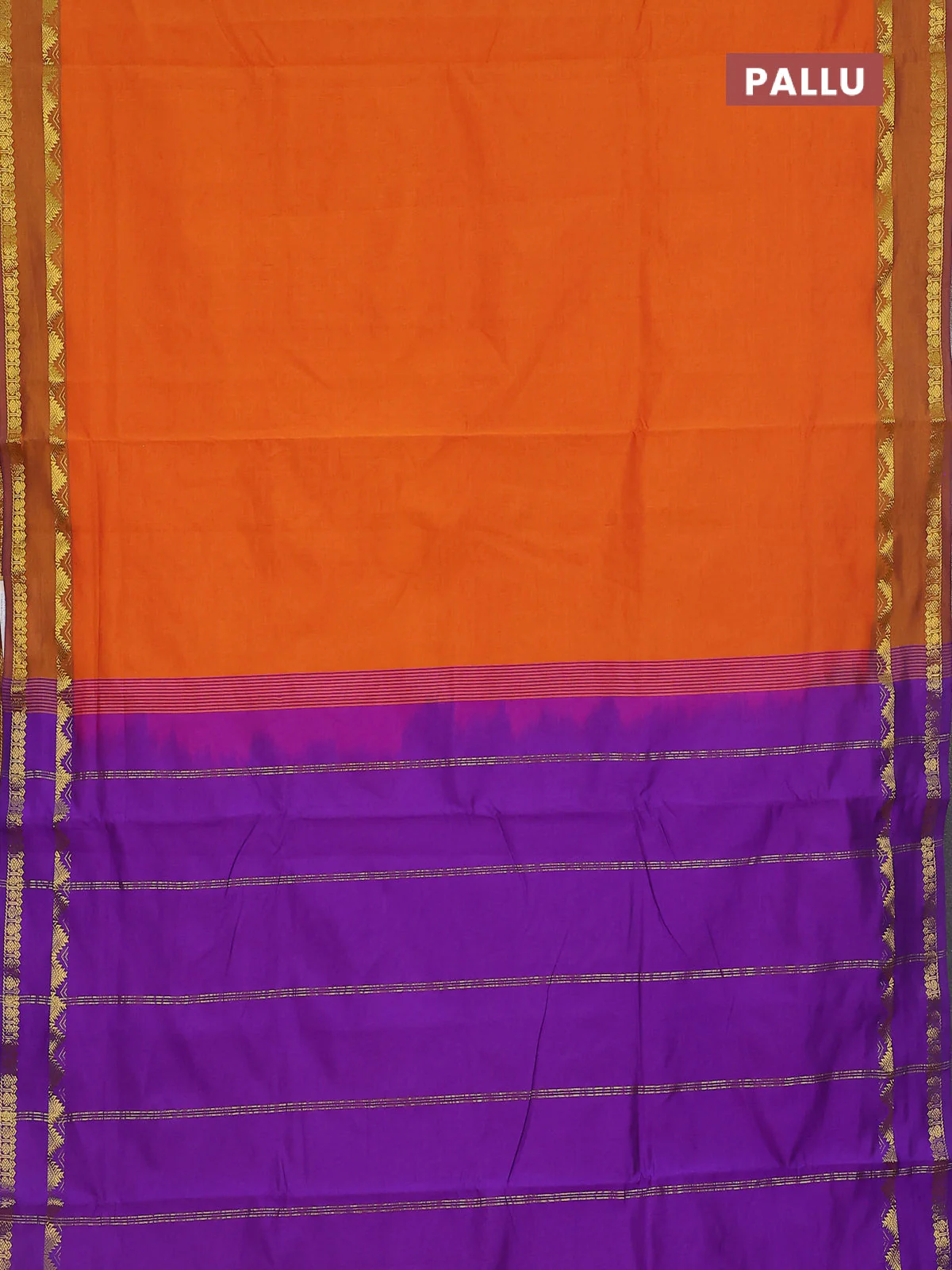 10 Yards poly cotton saree sunset orange and violet with plain body and rettapet zari woven border - Image 3