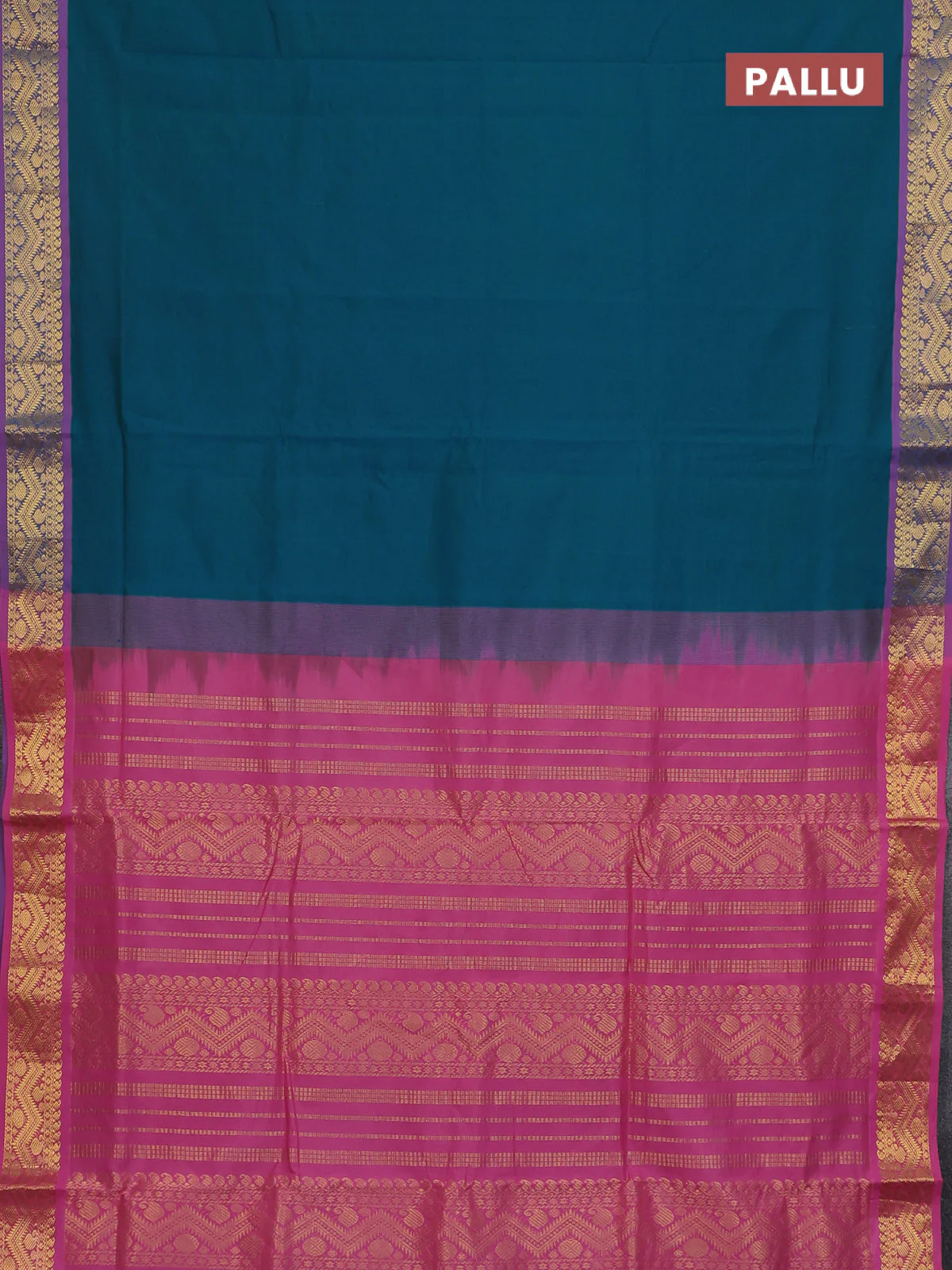 10 Yards poly cotton saree teal green and mauve pink with plain body and zari woven border - Image 3