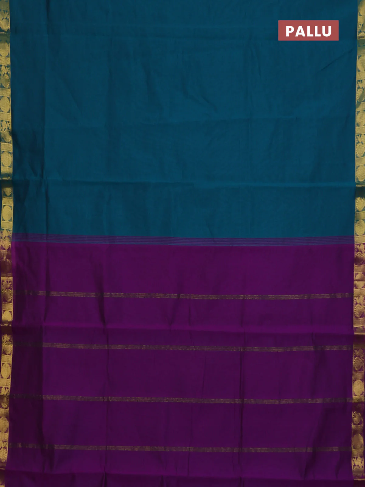 10 Yards poly cotton saree teal green and purple with plain border and annam zari woven border - Image 3