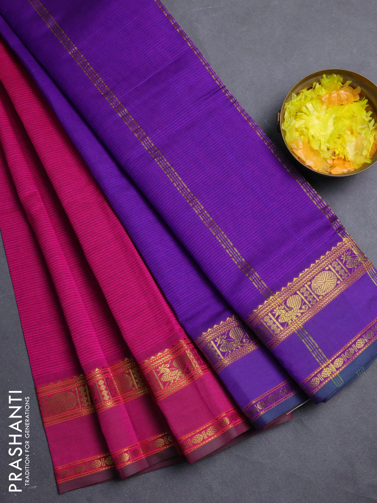 10 Yards poly cotton saree violet and magenta pink with plain body and rettapet annam zari woven border