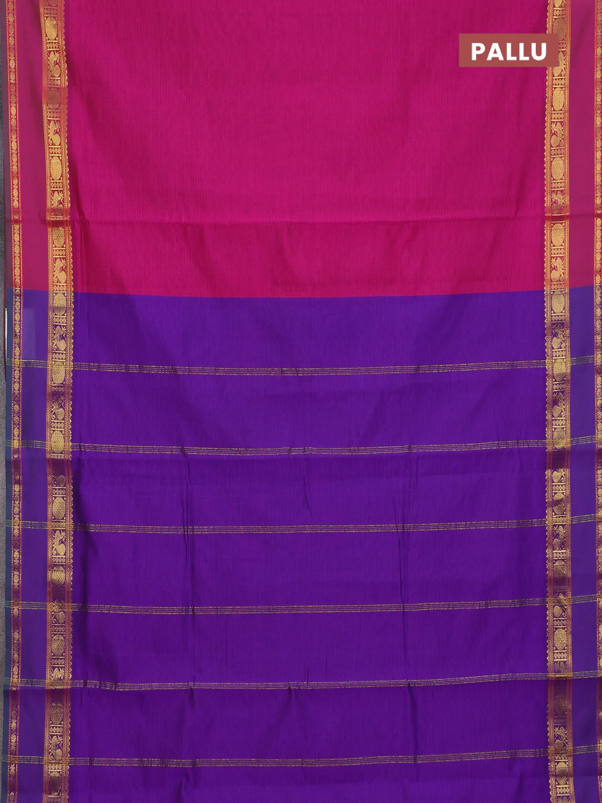 10 Yards poly cotton saree violet and magenta pink with plain body and rettapet annam zari woven border - Image 3