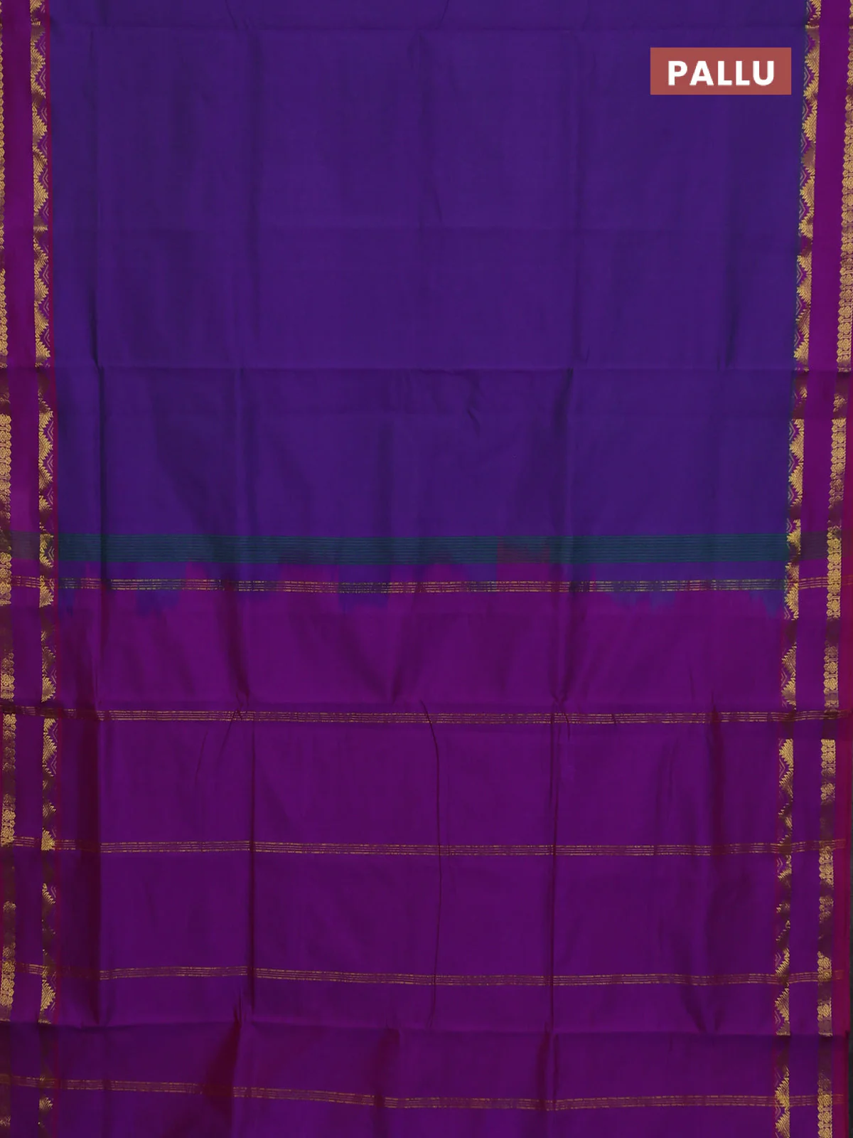 10 Yards poly cotton saree violet and purple with plain body and rettapet temple zari woven border - Image 3
