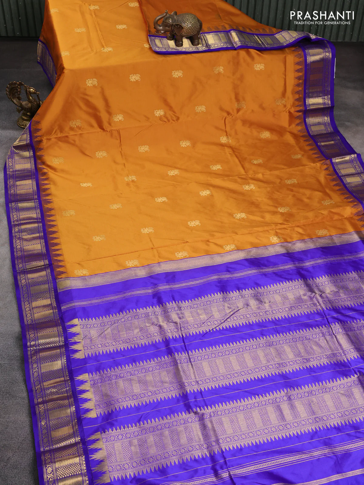 10 Yards pure kanchipuram silk saree dark mustard and blue with paisley zari woven buttas and temple design zari woven border - Image 2