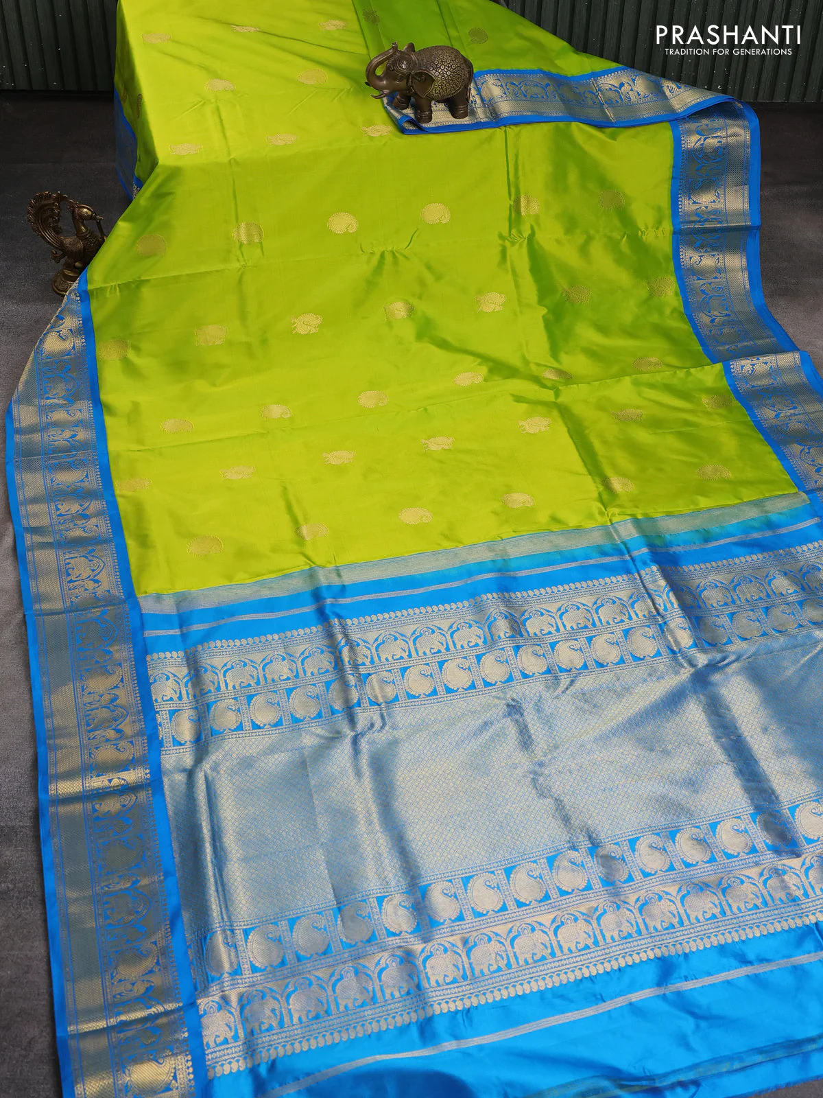 10 Yards pure kanchipuram silk saree light green and cs blue with annam & paisley zari woven buttas and rich zari woven korvai border - Image 2