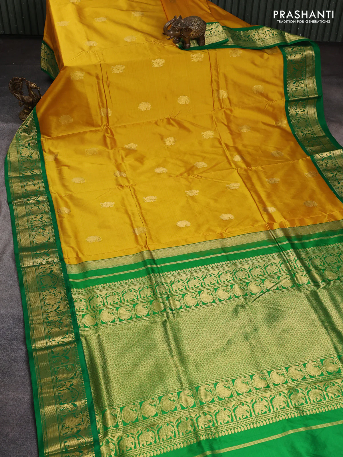 10 Yards pure kanchipuram silk saree mustard yellow and green with annam & paisley zari woven buttas and rich zari woven korvai border - Image 2
