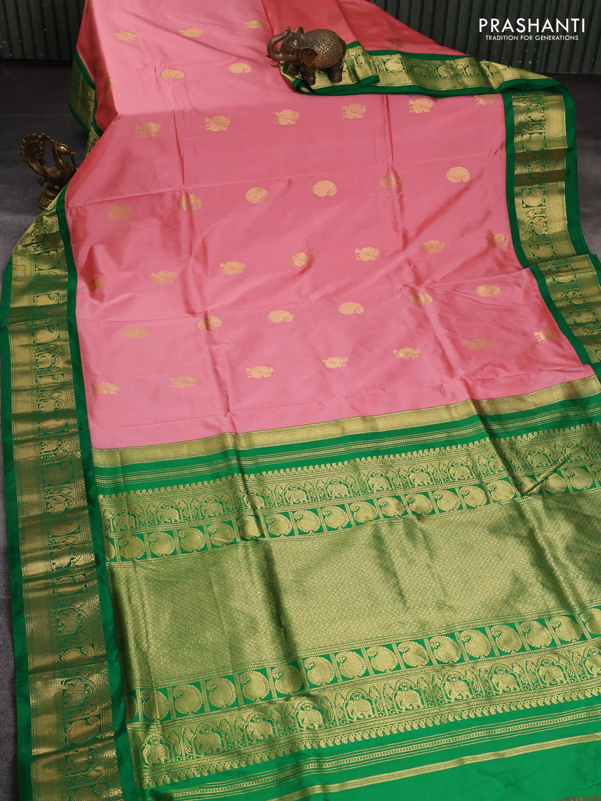 10 Yards pure kanchipuram silk saree peach shade and green with annam & paisley zari woven buttas and rich zari woven korvai border - Image 2