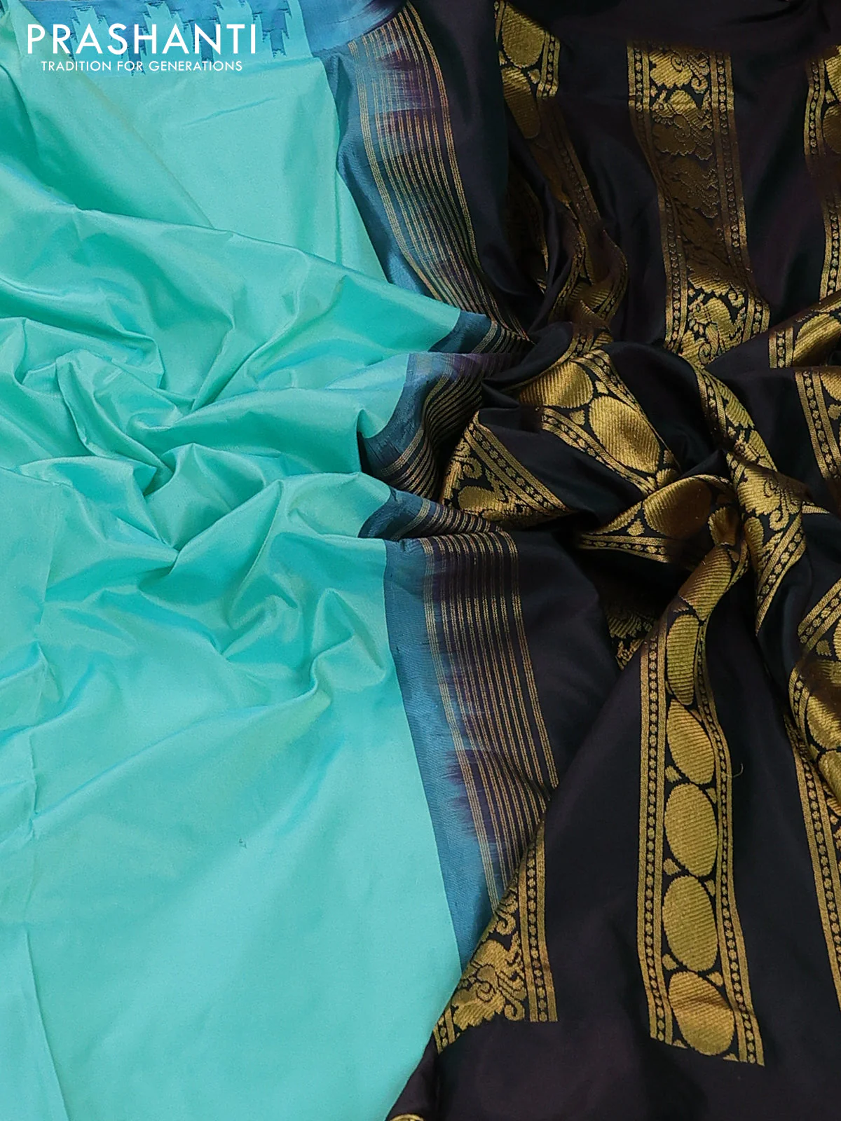 10yards pure silk saree teal shade and bottle green with plain body and temple design rettapet zari woven border - Image 3