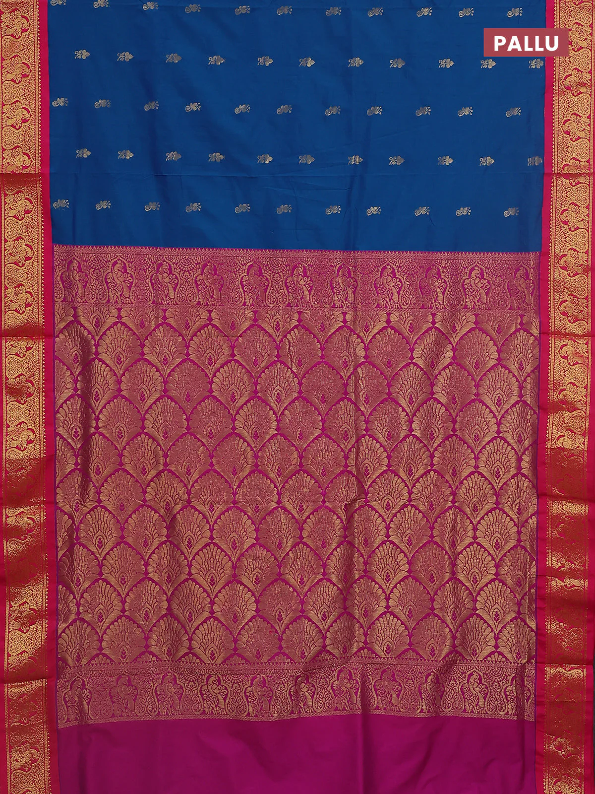 10 Yards semi silk saree cs blue and pink with allover zari woven buttas and zari woven border - Image 3