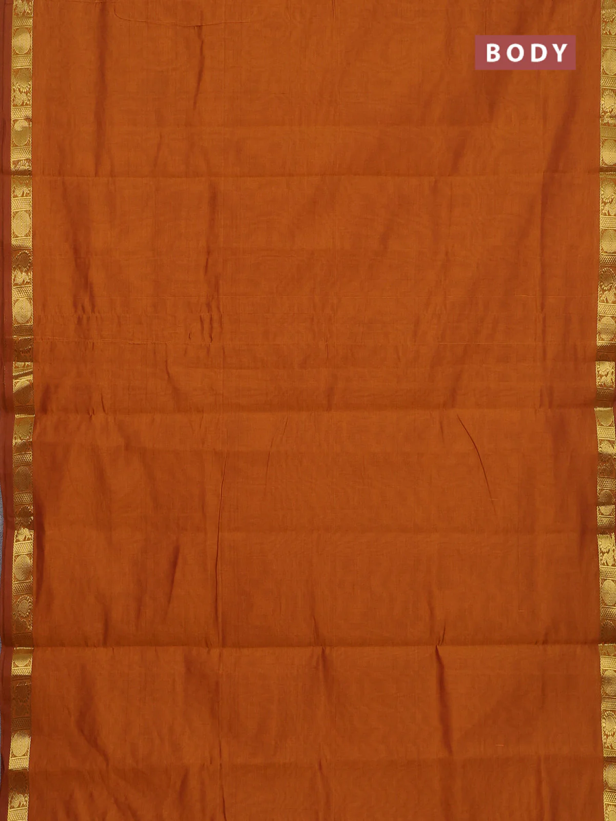 10 Yards semi silk saree dark mustard and violet with plain body and annam zari woven border - Image 2