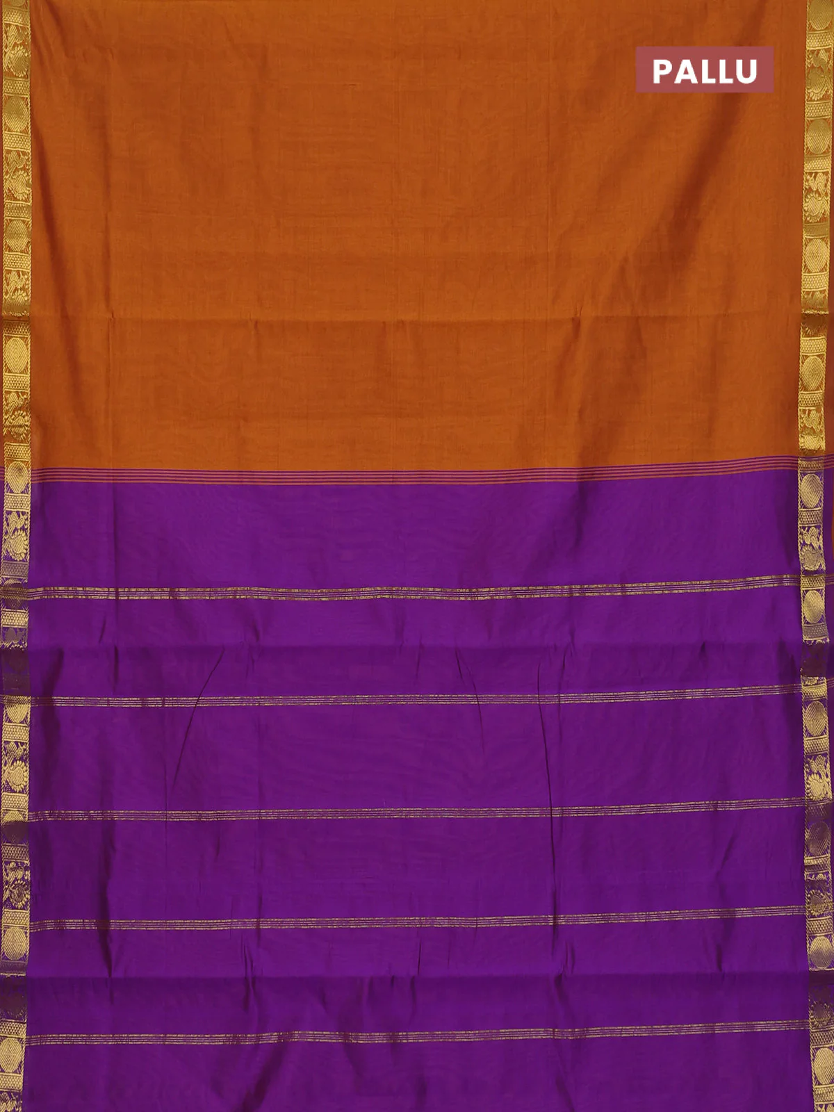 10 Yards semi silk saree dark mustard and violet with plain body and annam zari woven border - Image 3