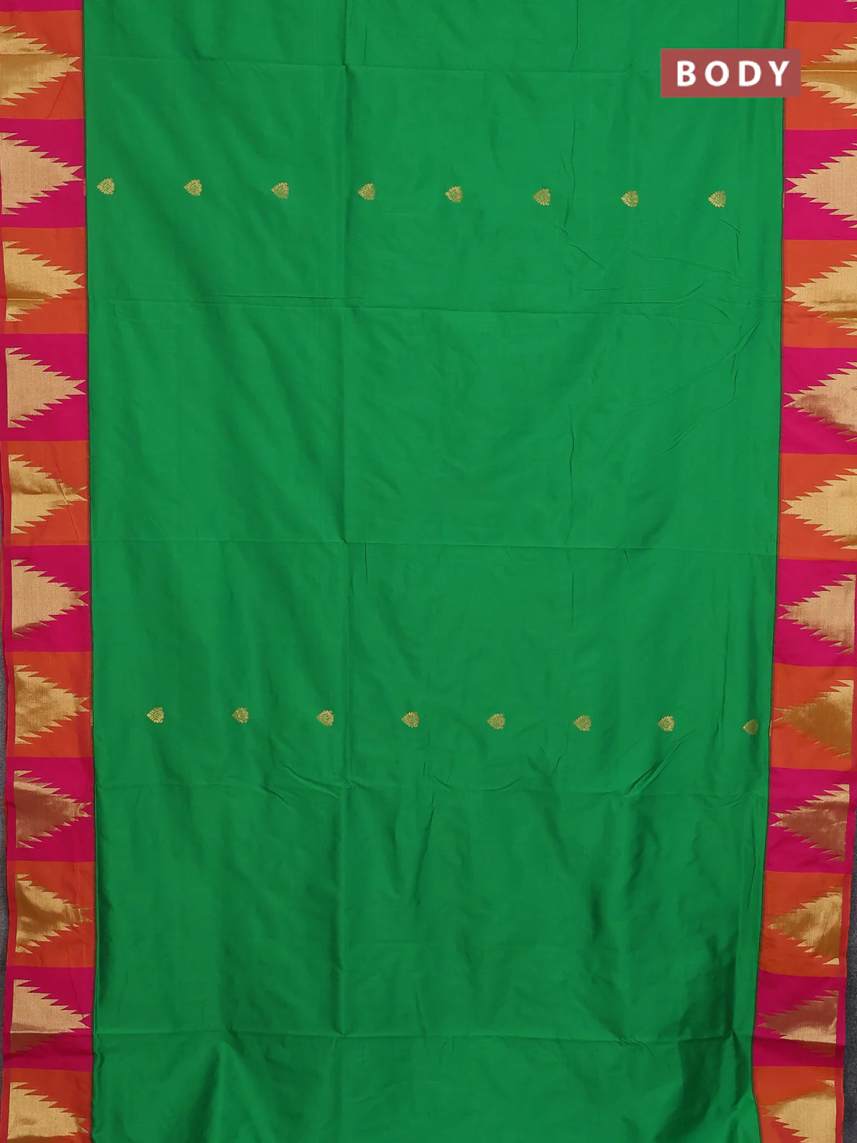10 Yards semi silk saree green and pink with allover zari woven buttas and temple zari woven korvai border - Image 2