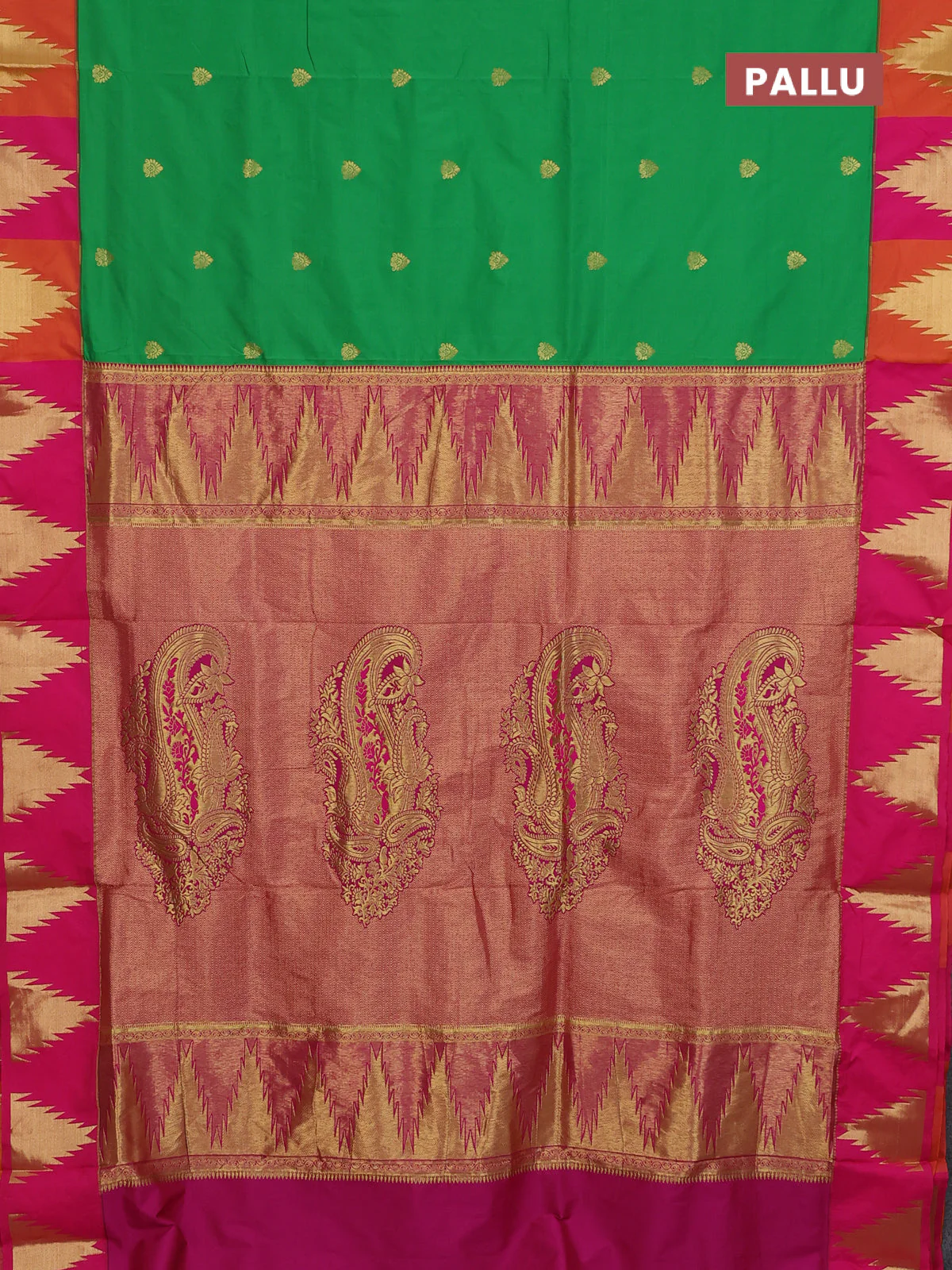 10 Yards semi silk saree green and pink with allover zari woven buttas and temple zari woven korvai border - Image 3