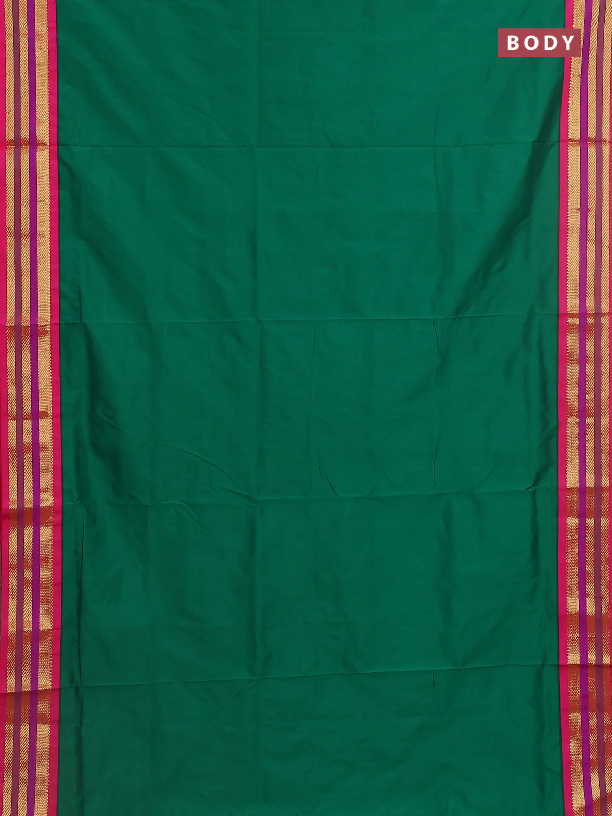 10 Yards semi silk saree green and pink with plain body and zari woven korvai border - Image 2