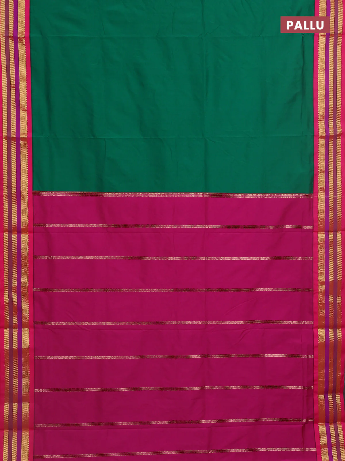 10 Yards semi silk saree green and pink with plain body and zari woven korvai border - Image 3