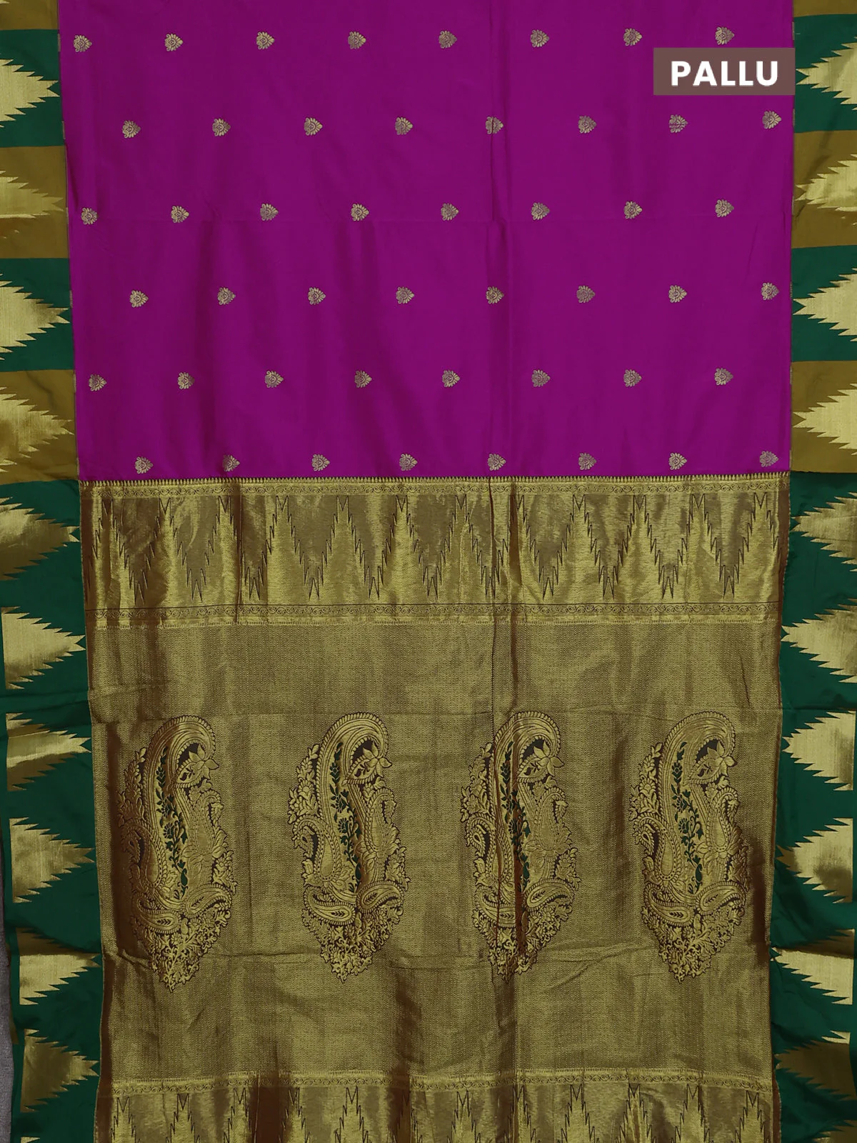 10 Yards semi silk saree magenta pink and green with zari woven buttas and temple zari woven border - Image 3