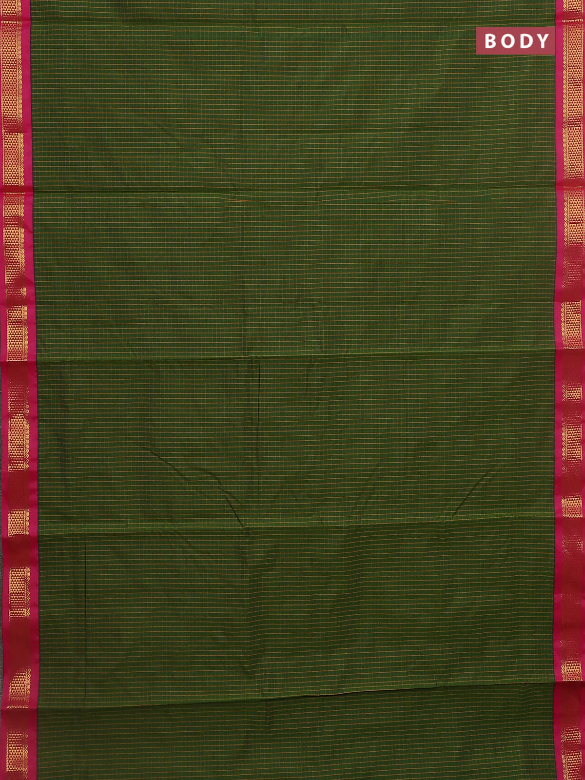 10 Yards semi silk saree olive green and pink with allover checked pattern and zari woven korvai border - Image 2
