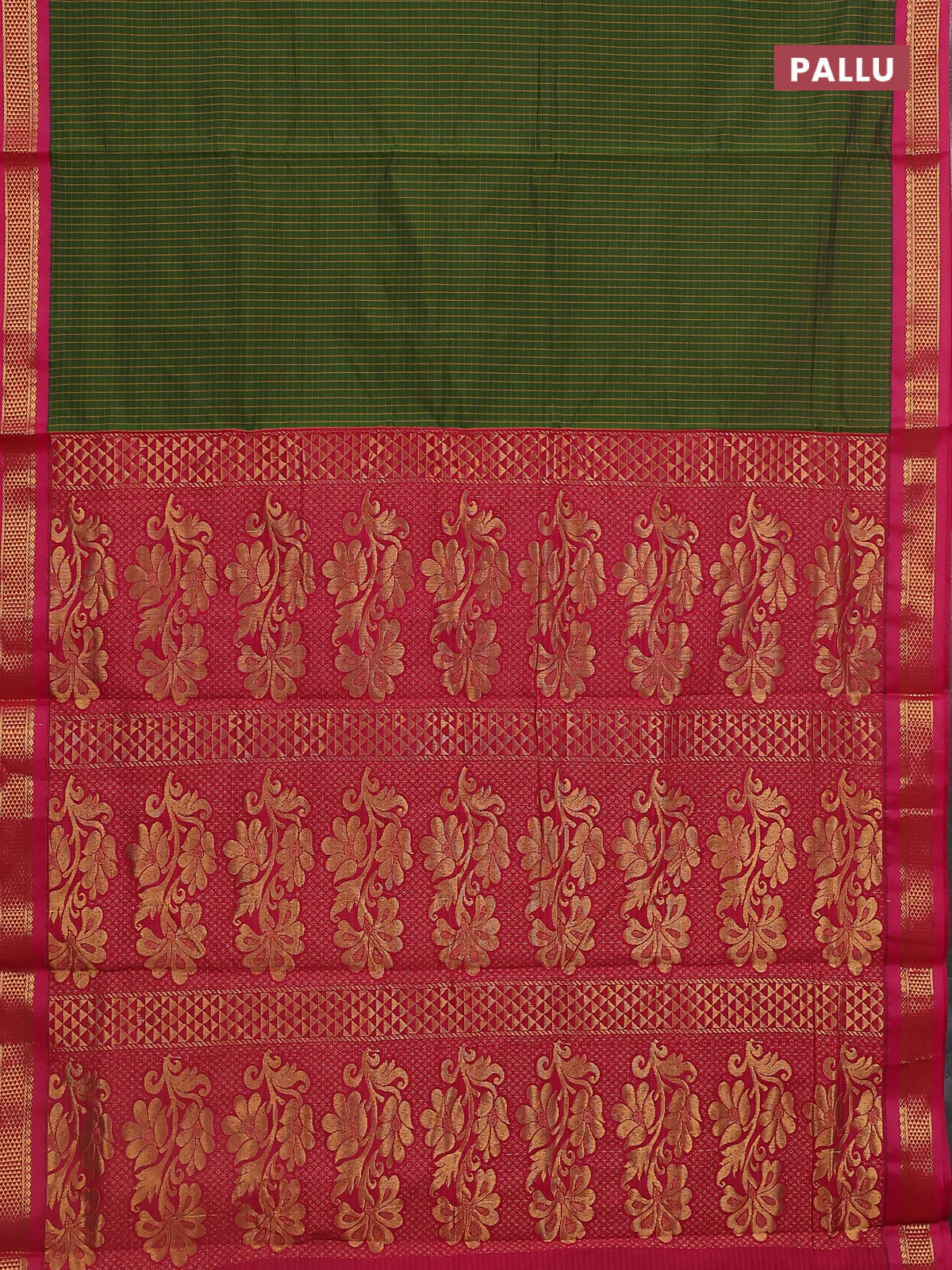 10 Yards semi silk saree olive green and pink with allover checked pattern and zari woven korvai border - Image 3