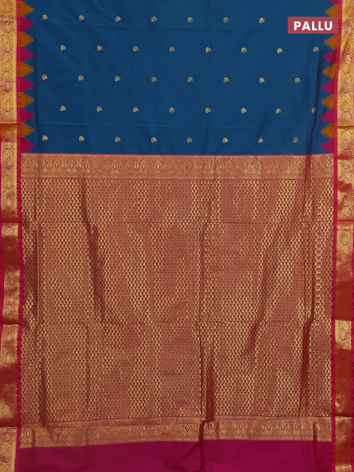 10 Yards semi silk saree peacock blue and pink with zari woven buttas and temple design annam zari woven border - Image 3