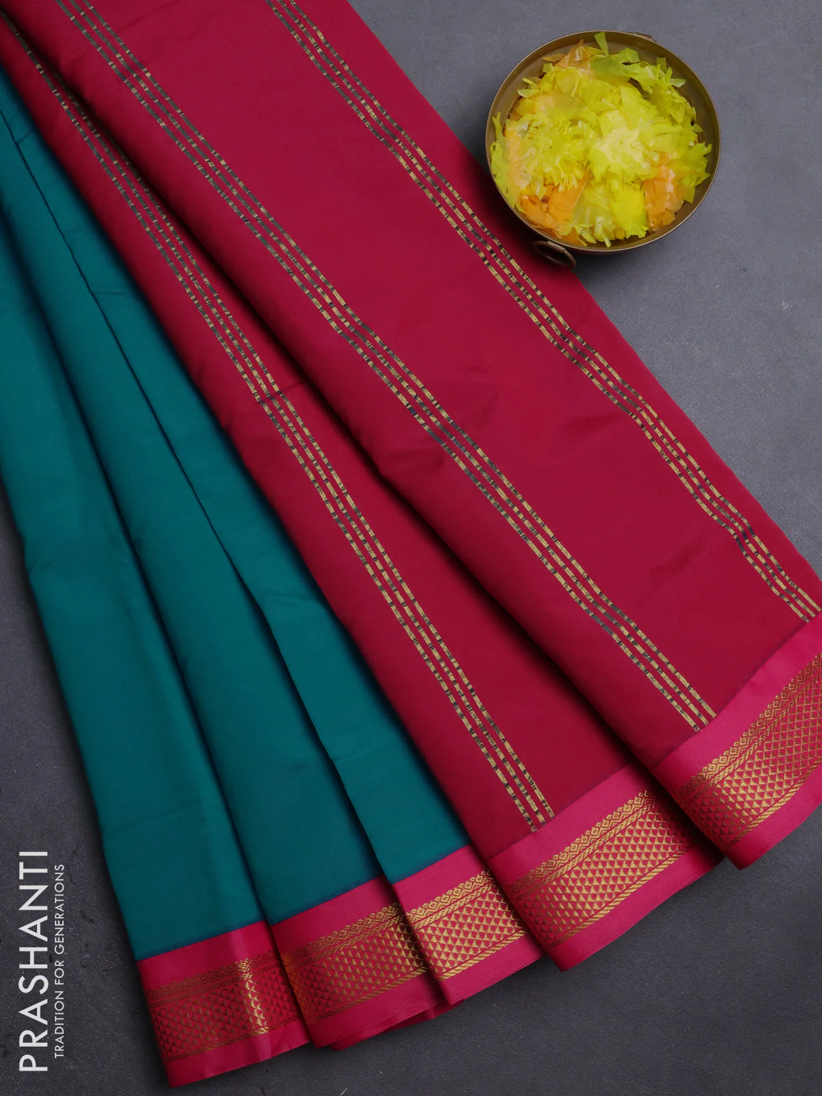 10 Yards semi silk saree peacock green and mauve pink with plain body and zari woven korvai border