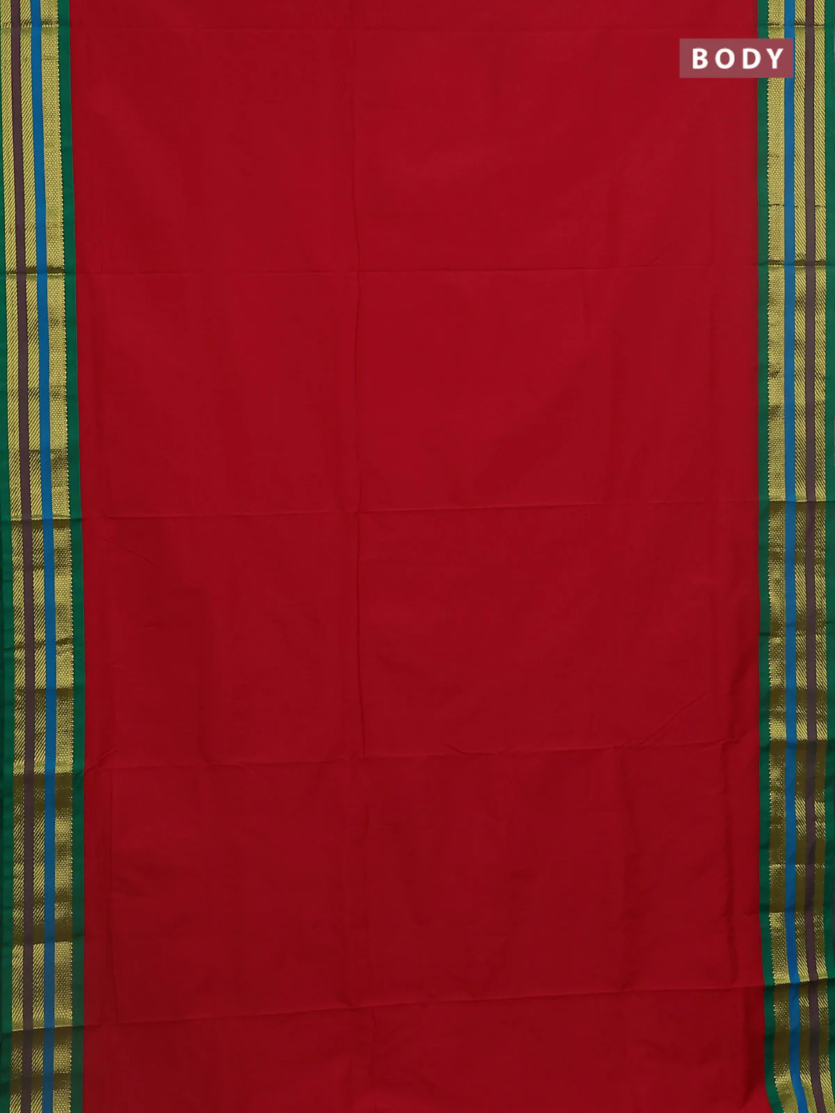 10 Yards semi silk saree red and green with plain body and zari woven korvai border - Image 2
