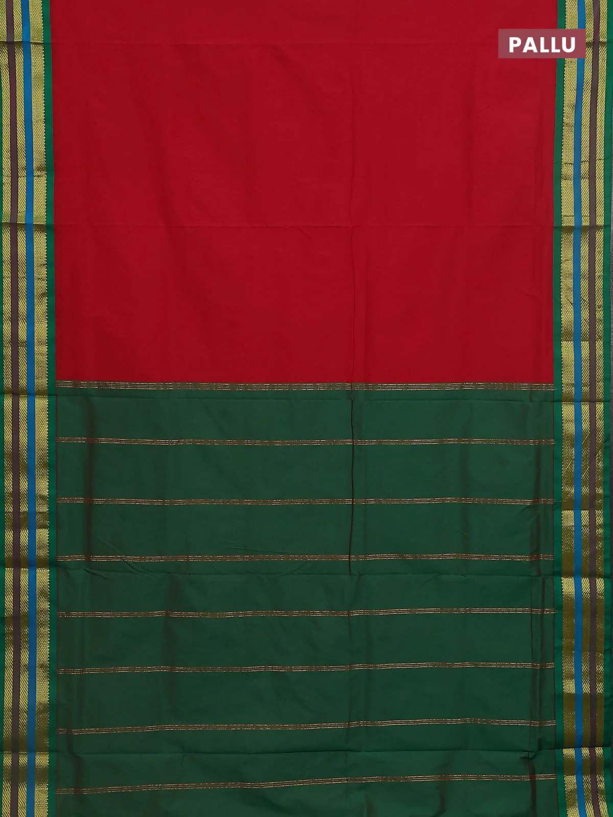 10 Yards semi silk saree red and green with plain body and zari woven korvai border - Image 3