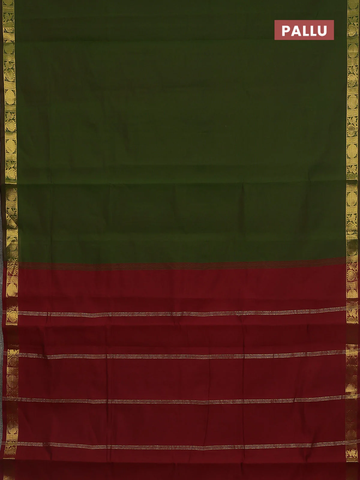 10 Yards semi silk saree sap green and maroon with plain body and annam zari woven border - Image 3