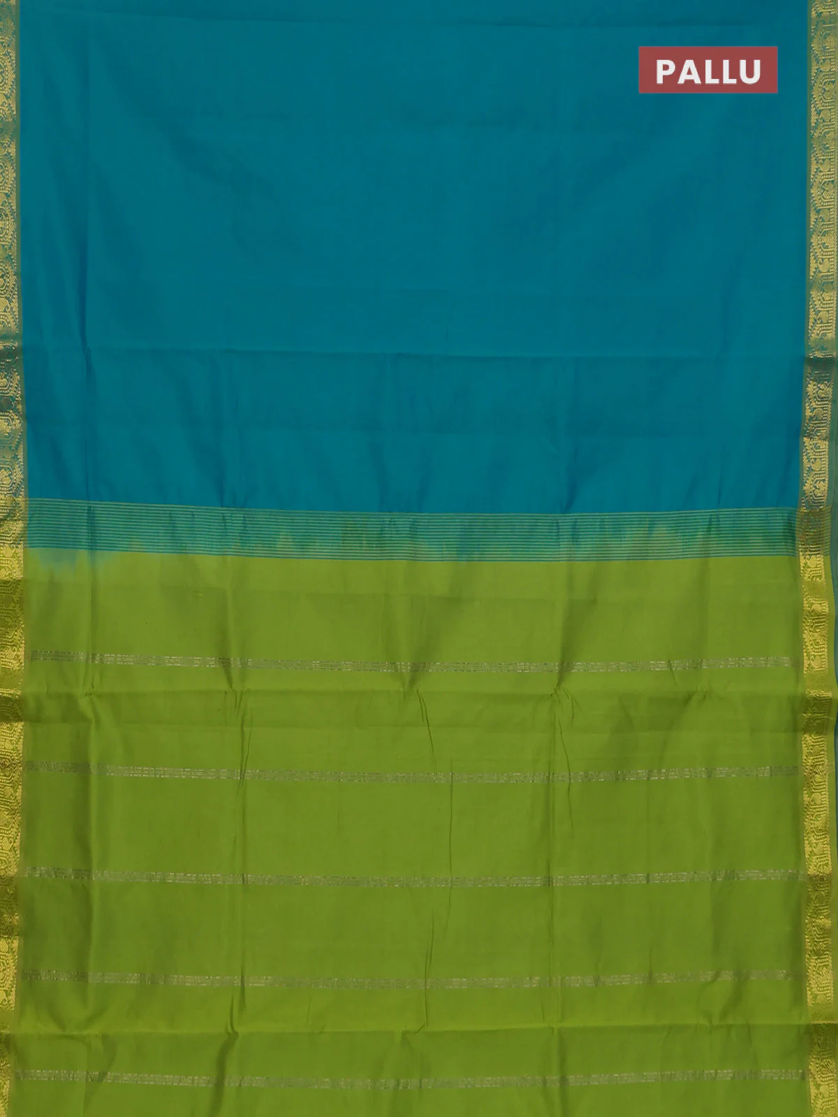 10 Yards semi silk saree teal green and light green with plain body and temple zari woven border - Image 3