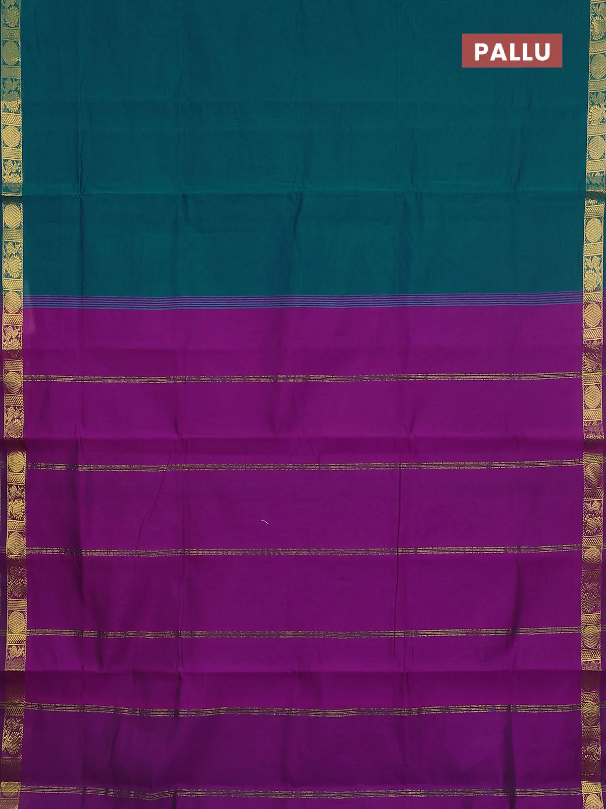 10 Yards semi silk saree teal green and purple with plain body and zari woven border - Image 3