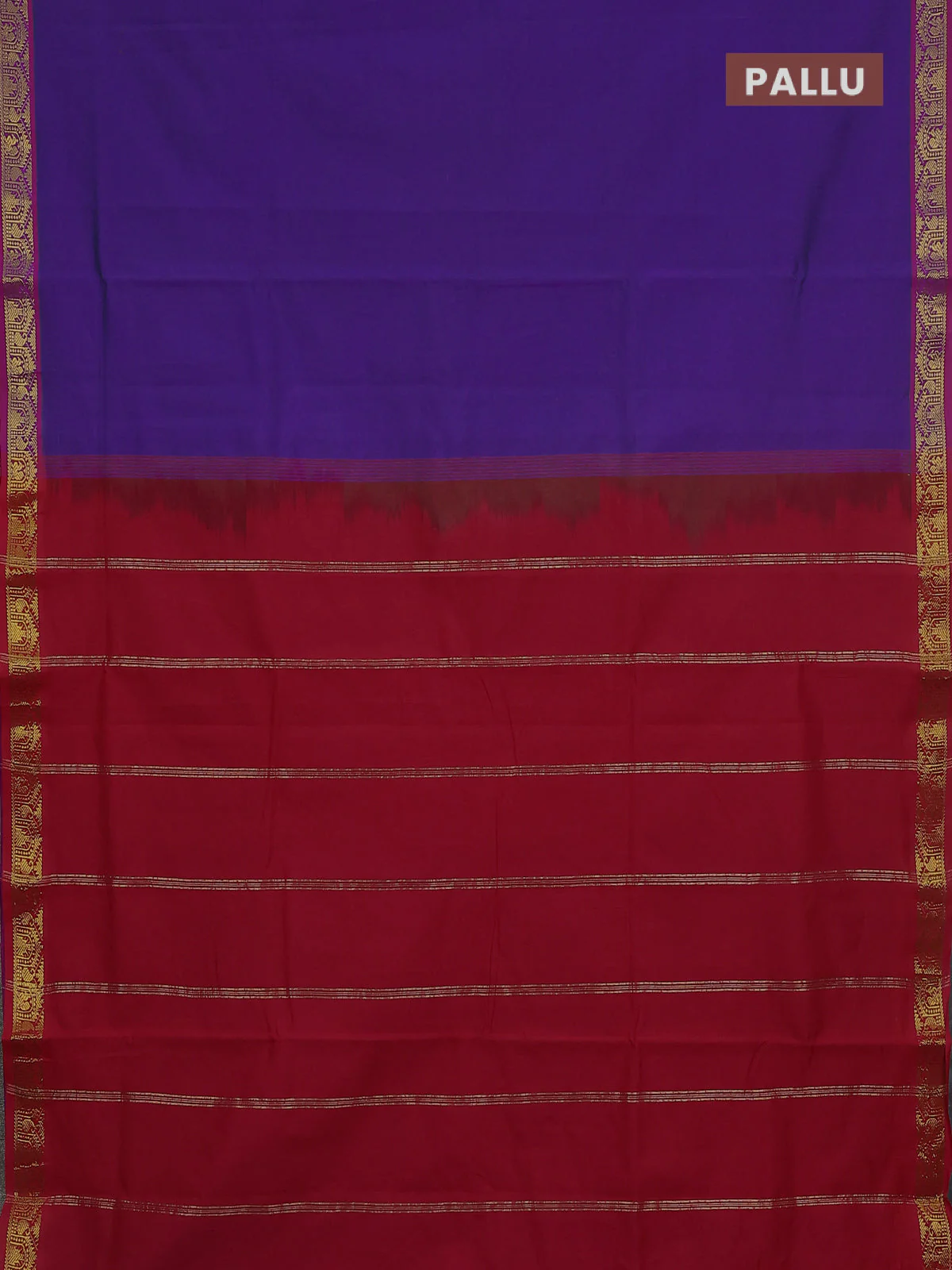 10 Yards semi silk saree violet and red with plain body and temple zari woven border - Image 3
