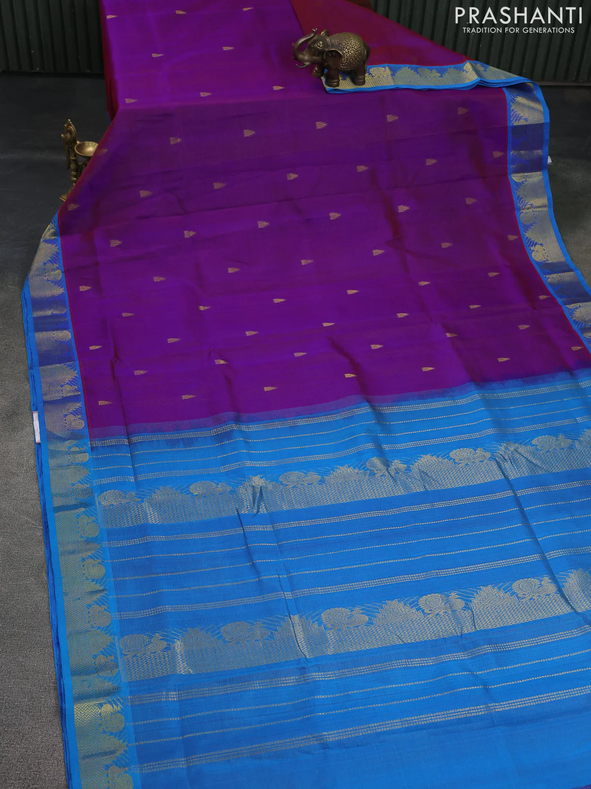 10 Yards silk cotton saree purple and cs blue with allover vairosi pattern & zari buttas and temple & annam zari woven border - Image 2