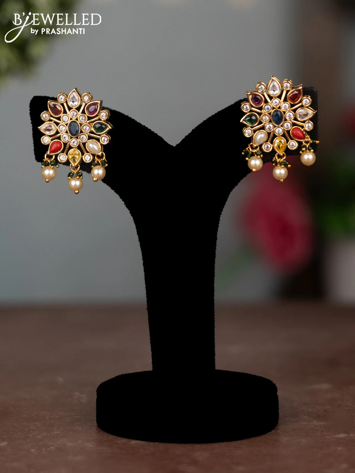 Antique attigai necklace with multicolour & cz stones and pearl hangings - Image 2