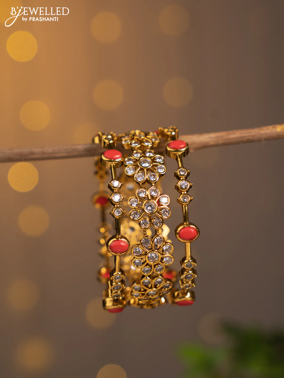 Antique bangle floral design with red and kundan stones