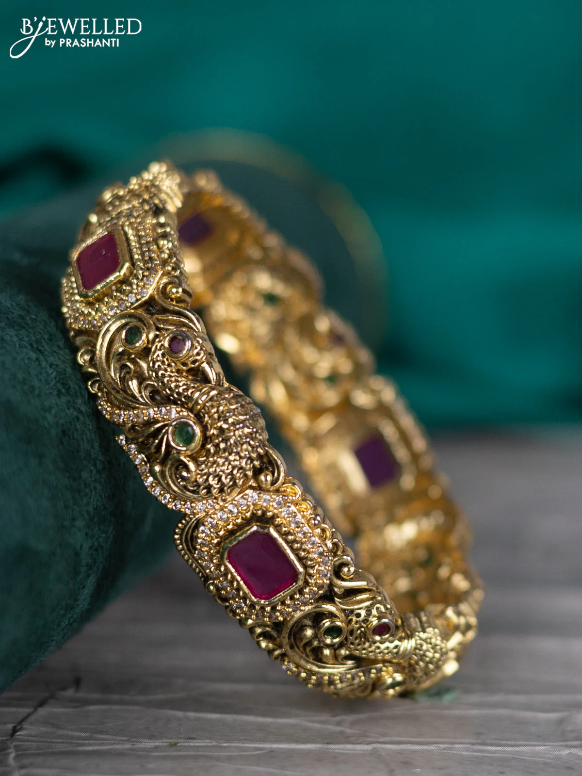 Antique bangle peacock design with kemp and cz stones
