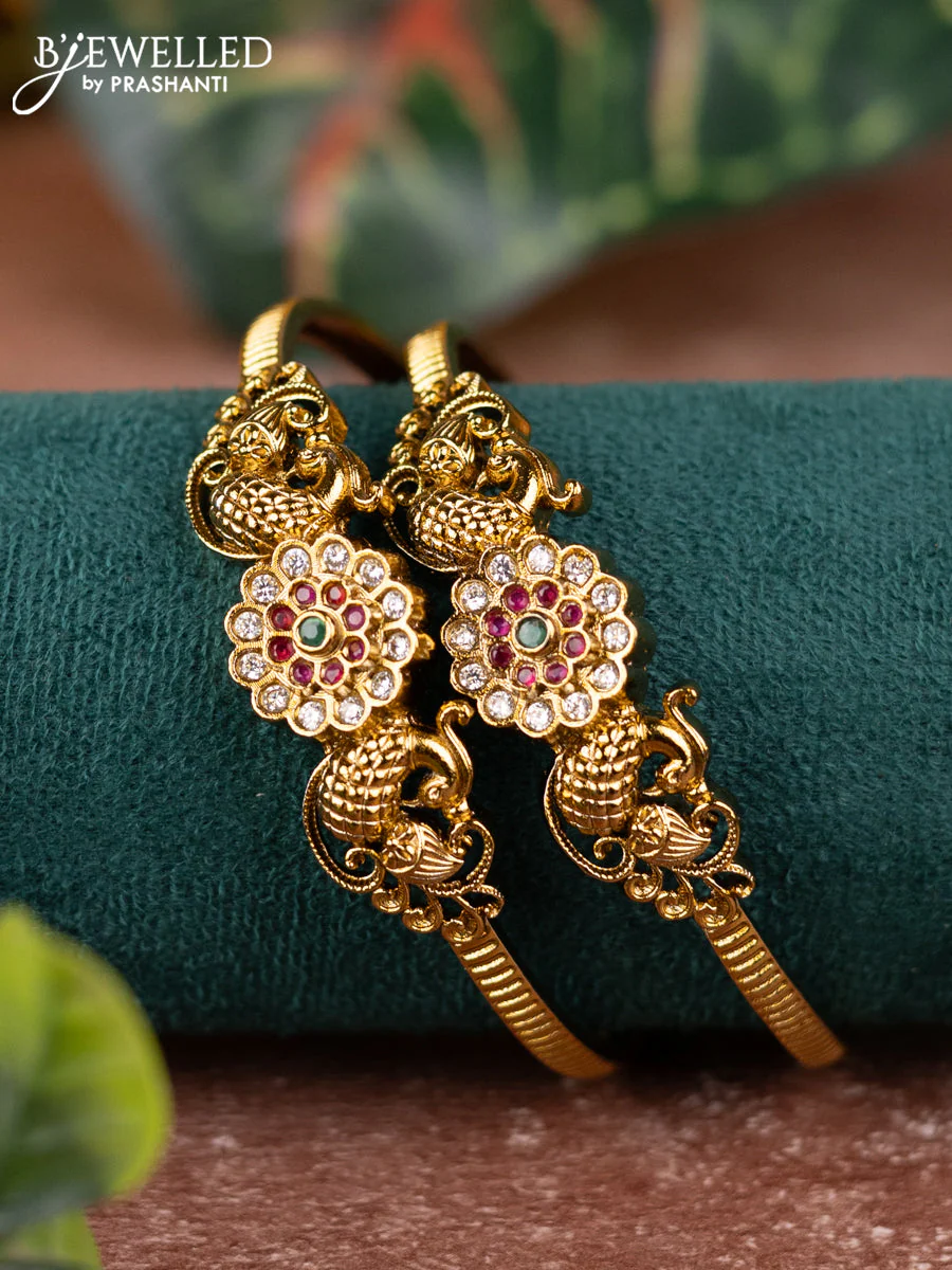 Antique bangles peacock design with kemp and cz stones