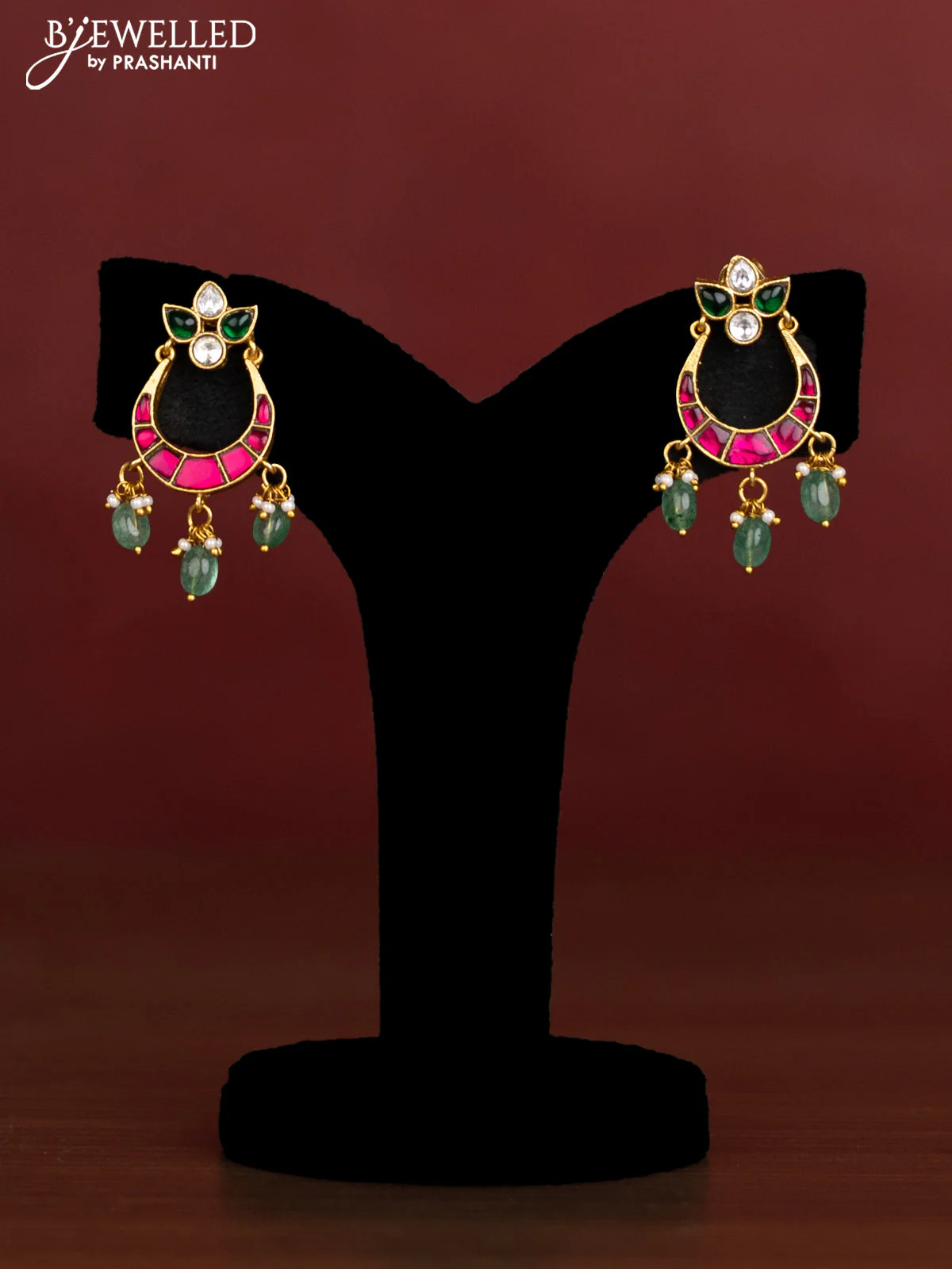 Antique beaded green necklace double peacock pendant with jadau kundan stones and pearl & beads hangings - Image 2