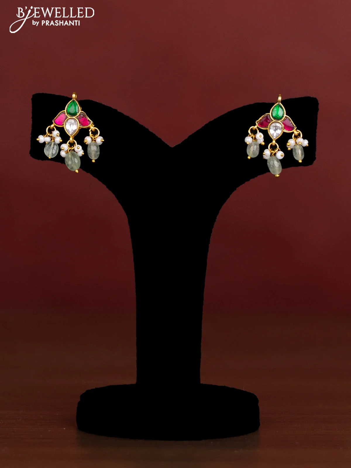 Antique beaded green necklace floral pendant with jadau kundan stones and pearl & beads hangings - Image 2