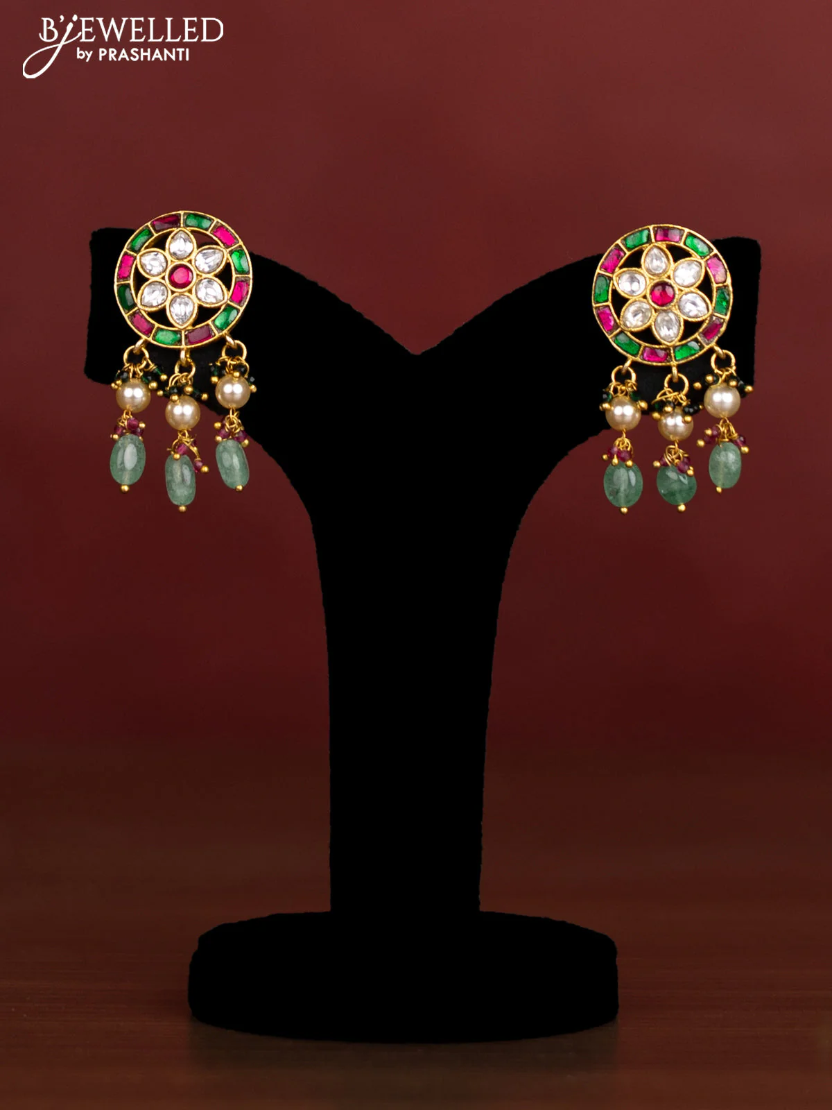 Antique beaded green necklace peacock pendant with jadau kundan stones and pearl & beads hangings - Image 2
