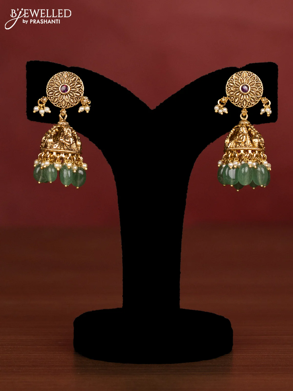 Antique beaded haaram pallakku pendant with pink kemp stones and pearl & green beads hanging - Image 2